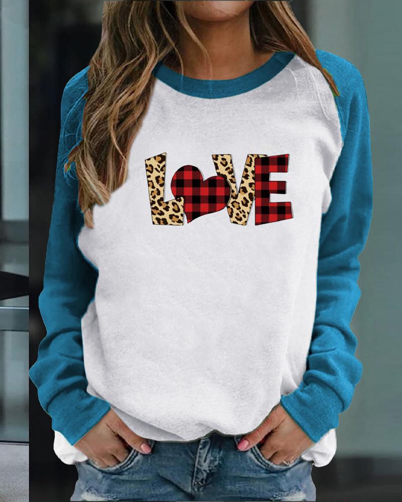 

Valentine' Day Letter Heart Print Raglan Sleeve Sweatshirt, Blue