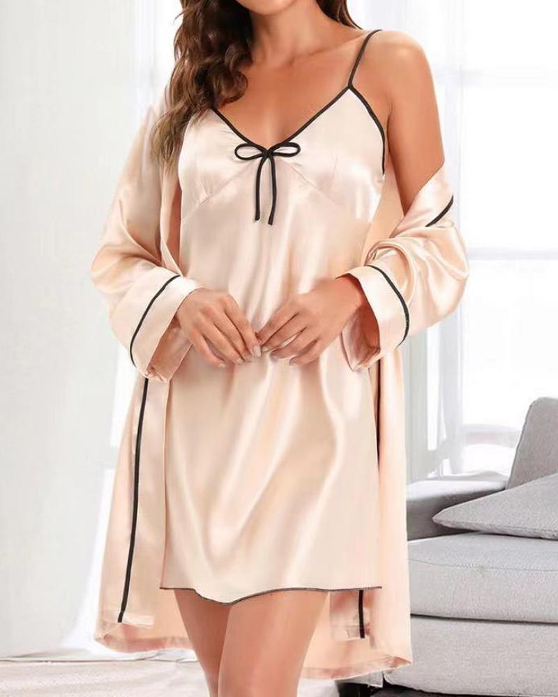 

Contrast Binding Nightdress With Robe, Nude