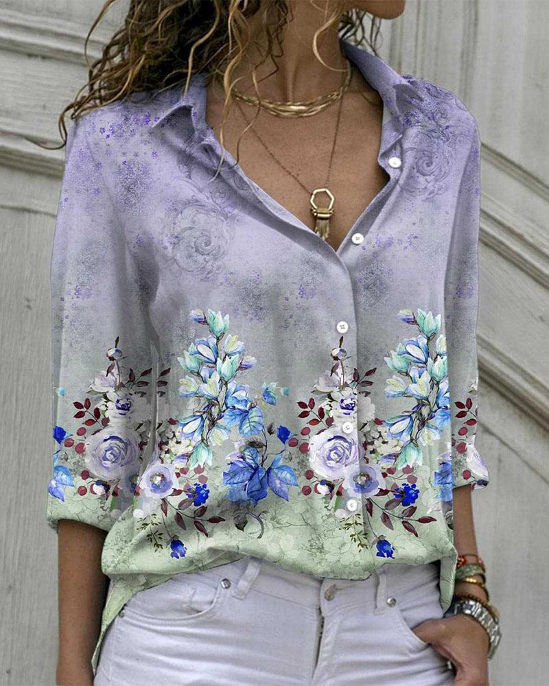 

Floral Print Long Sleeve Button Down Shirt, Purple
