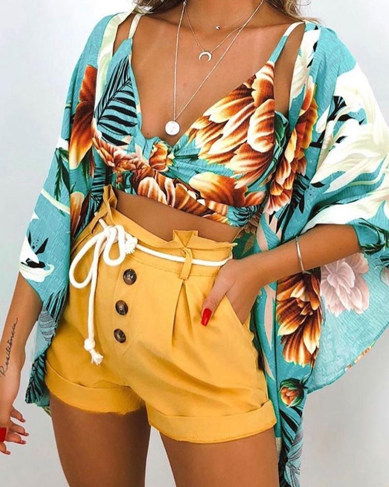 

Spaghetti Strap Tropical Print Top & Cover Up Sets, Green