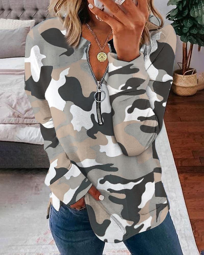 

Camouflage Print Zip Detail Long Sleeve Top, Camoflage