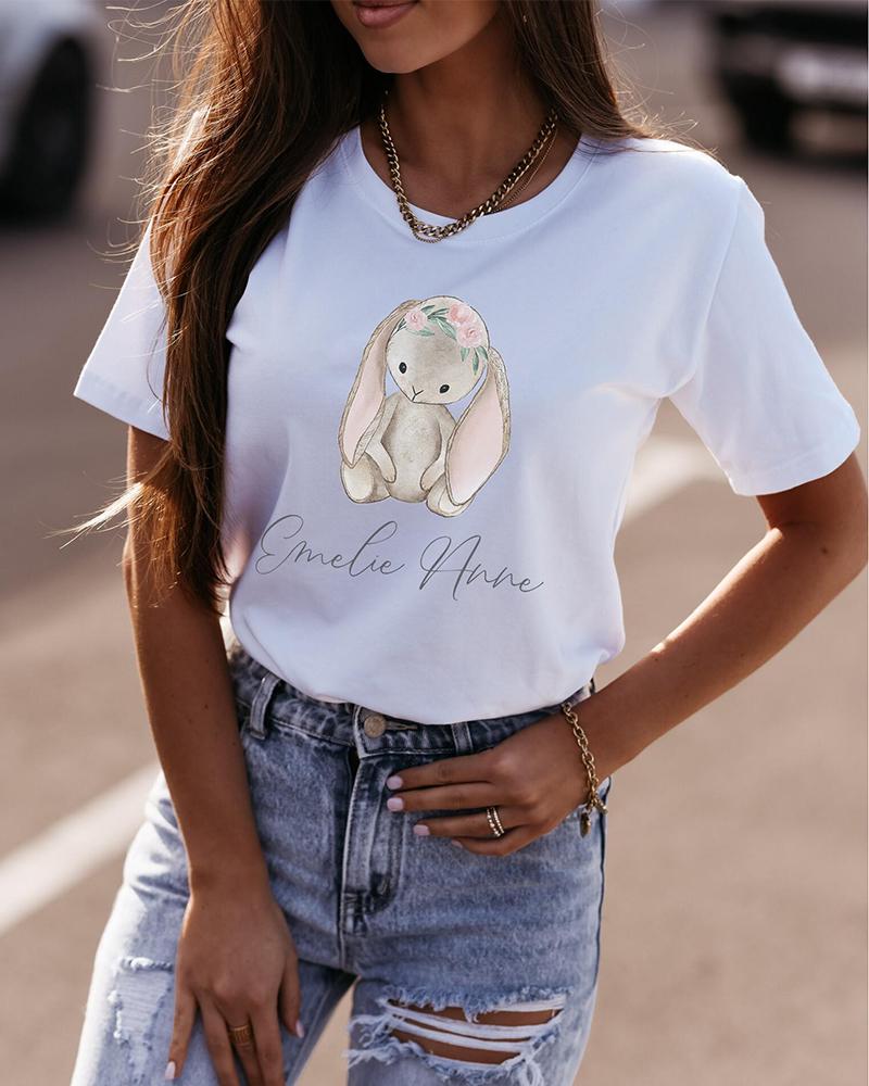 

Easter Rabbit And Letter Print Short Sleeve T-shirt, White