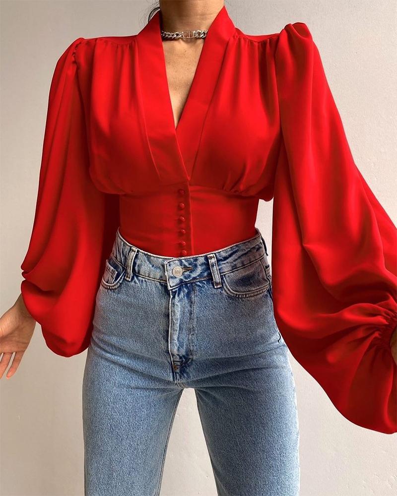 

Button Front Puff Lantern Sleeve Top, Red