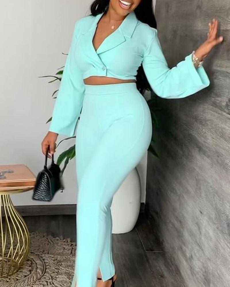 

Long Sleeve Crop Blazer & Split Hem Pants Set, Blue