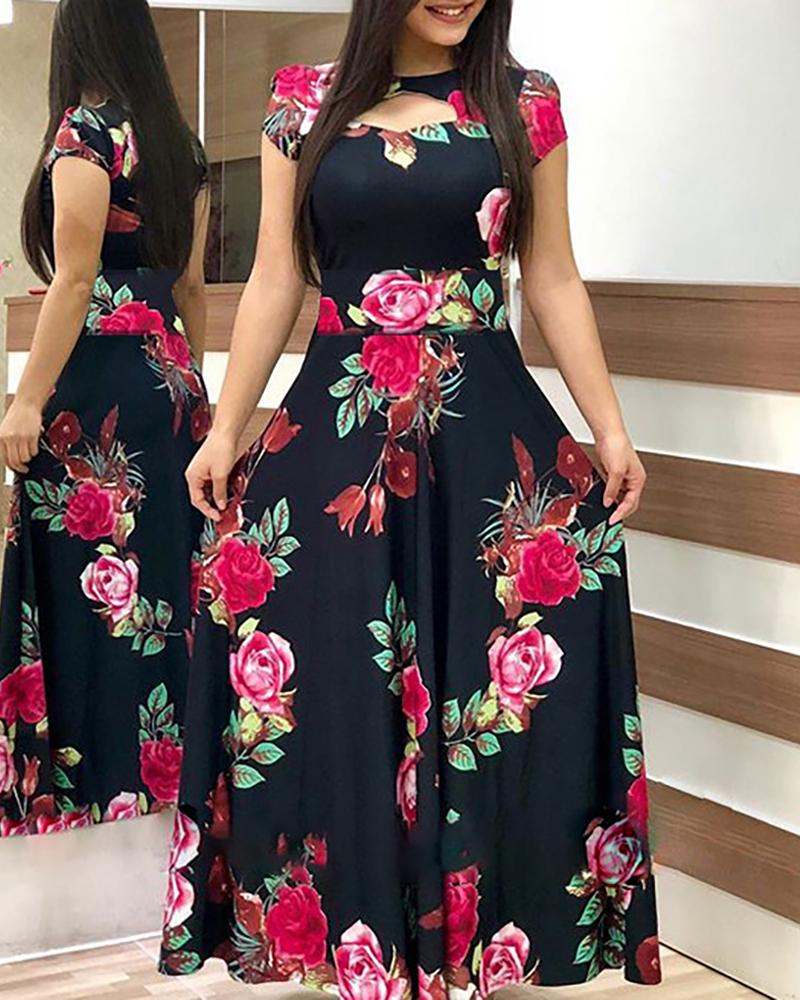 

Short Sleeve Cutout Print Maxi Women Dress, Hot pink