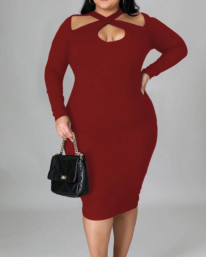 

Plus Size Ribbed Cutout Long Sleeve Work Dress, Wine red