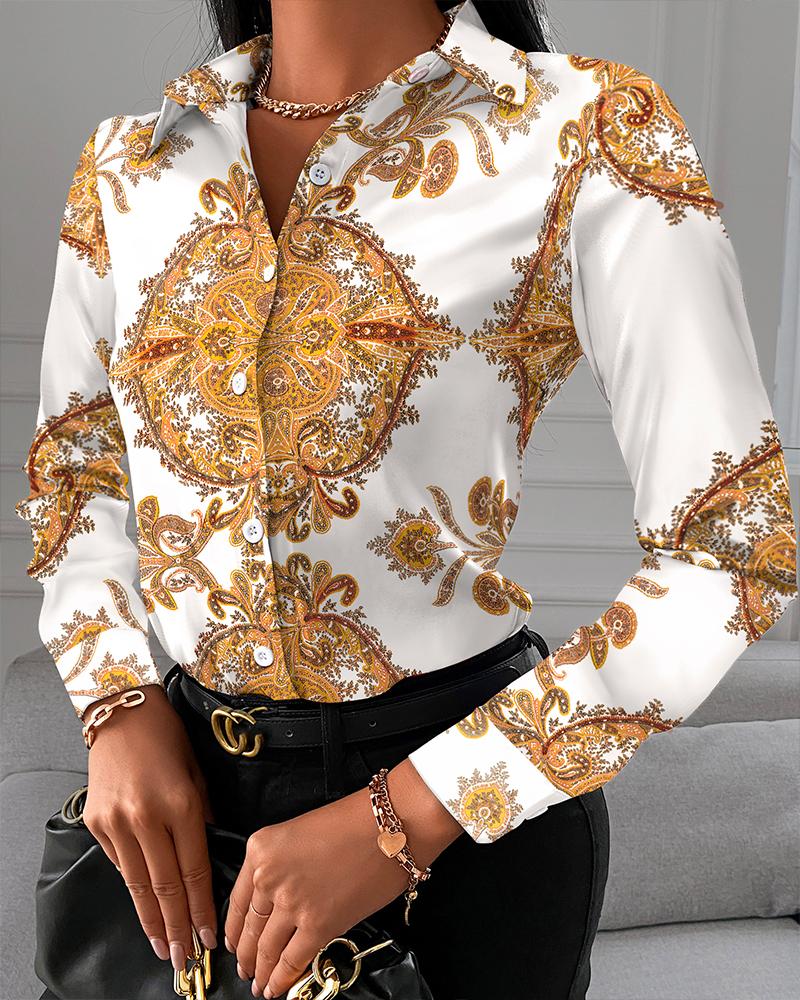 

Scarf Print Button Up Long Sleeve Top, White