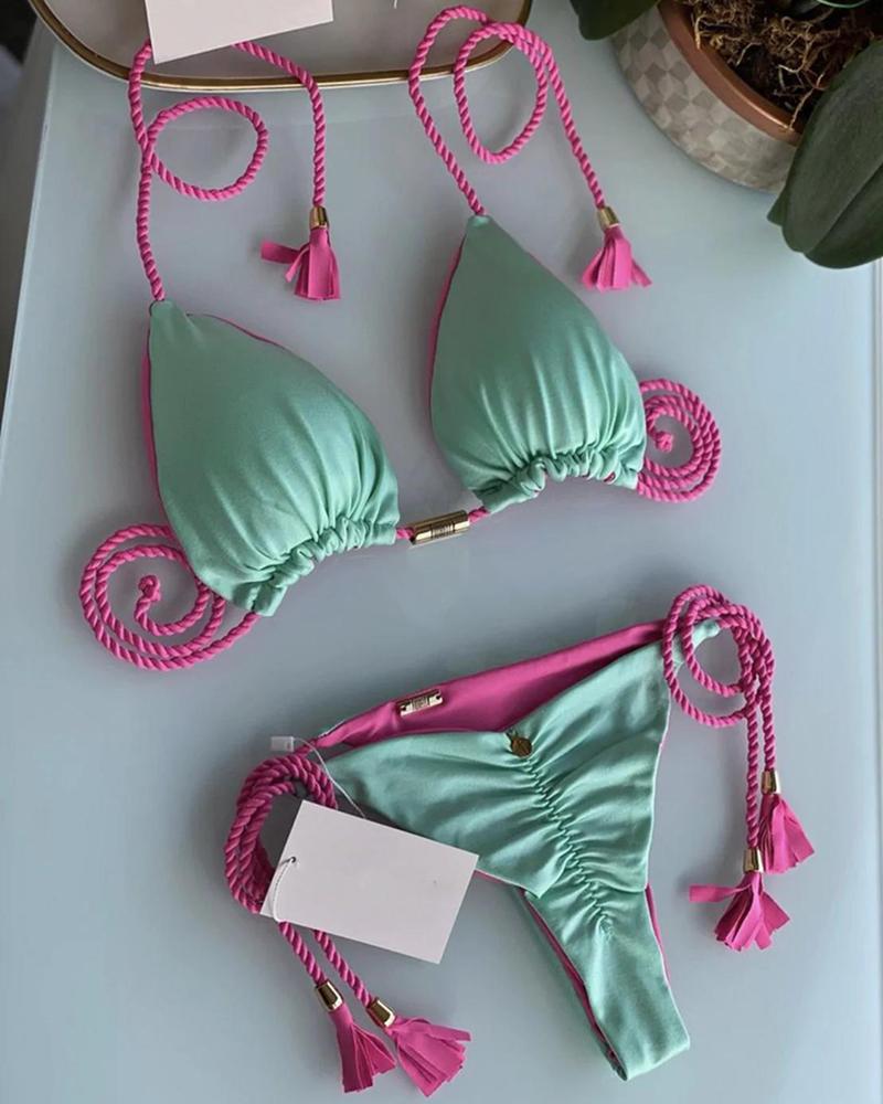 

Colorblock Tied Detail Tassel Design Bikini Set, Green