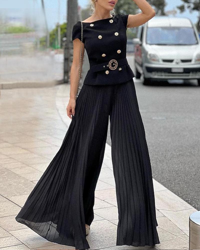 

Double Breasted Top & Pleated Wide Leg Pants Set, Black