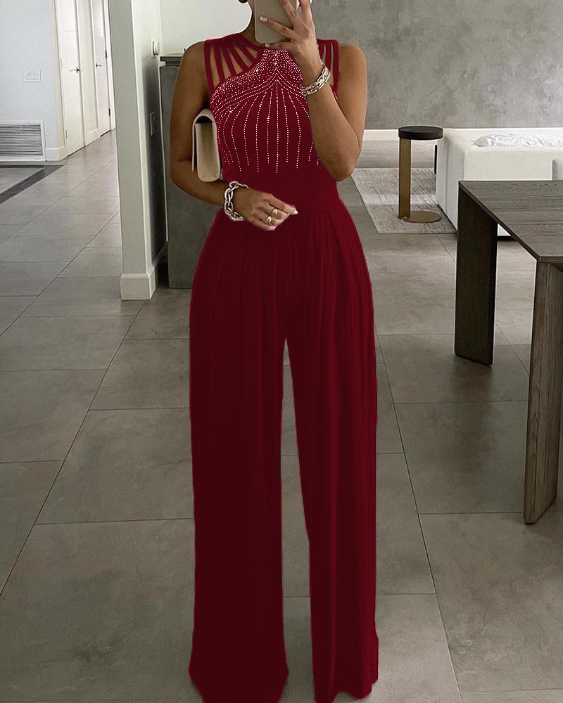 

Studded Cutout Ruched Sleeveless High Waisted Wide Leg Long Pants Jumpsuits, Red