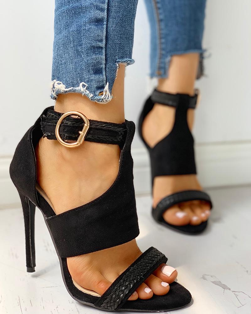 

Suede Open Toe Braided Detail Thin Heels, Black