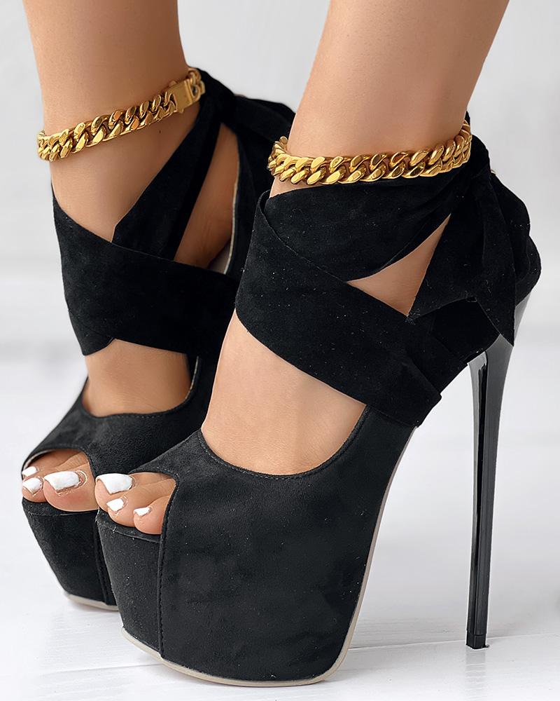 

Tied Detail Peep Toe Platform Stiletto Heel Pumps, Black