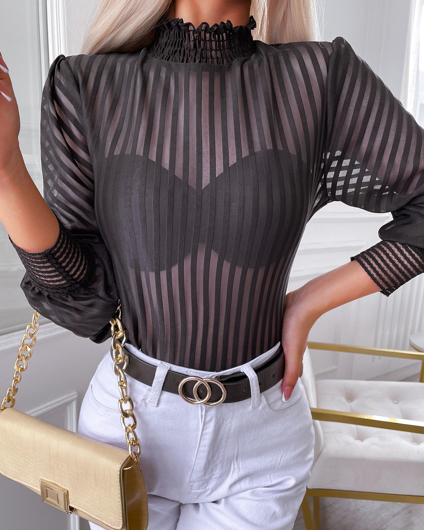 

Striped Sheer Mesh Shirring Detail Lantern Sleeve Top, Black