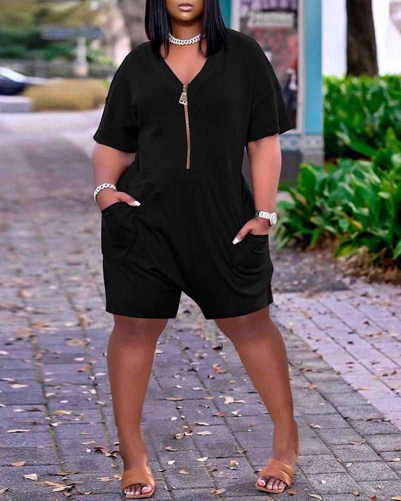 

Pocket Design Zip Front Short Sleeve Romper, Black
