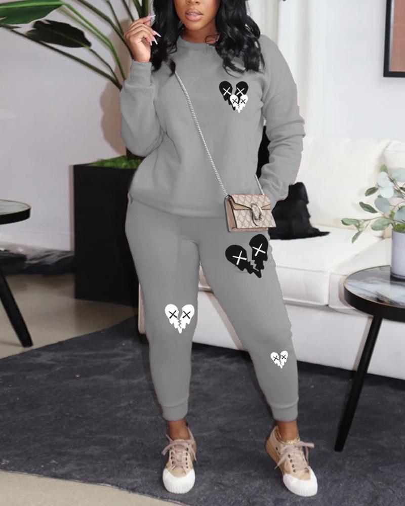 

Heart Print Long Sleeve Casual Top & Pants Set, Gray