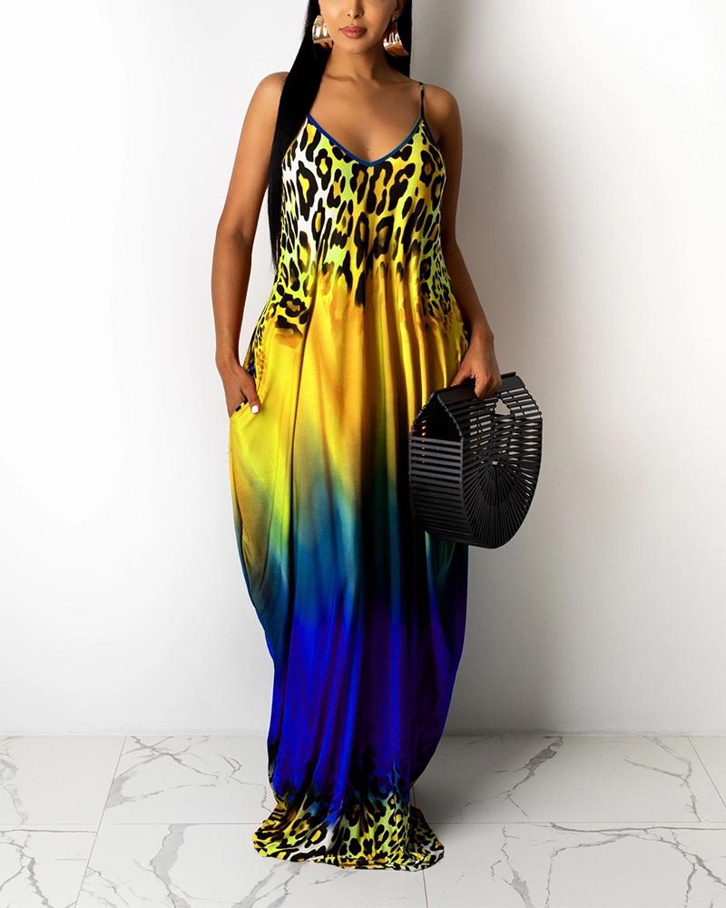 

Gradient Color Block Splicing Leopard Print Sling Loose Maxi Dress, Yellow