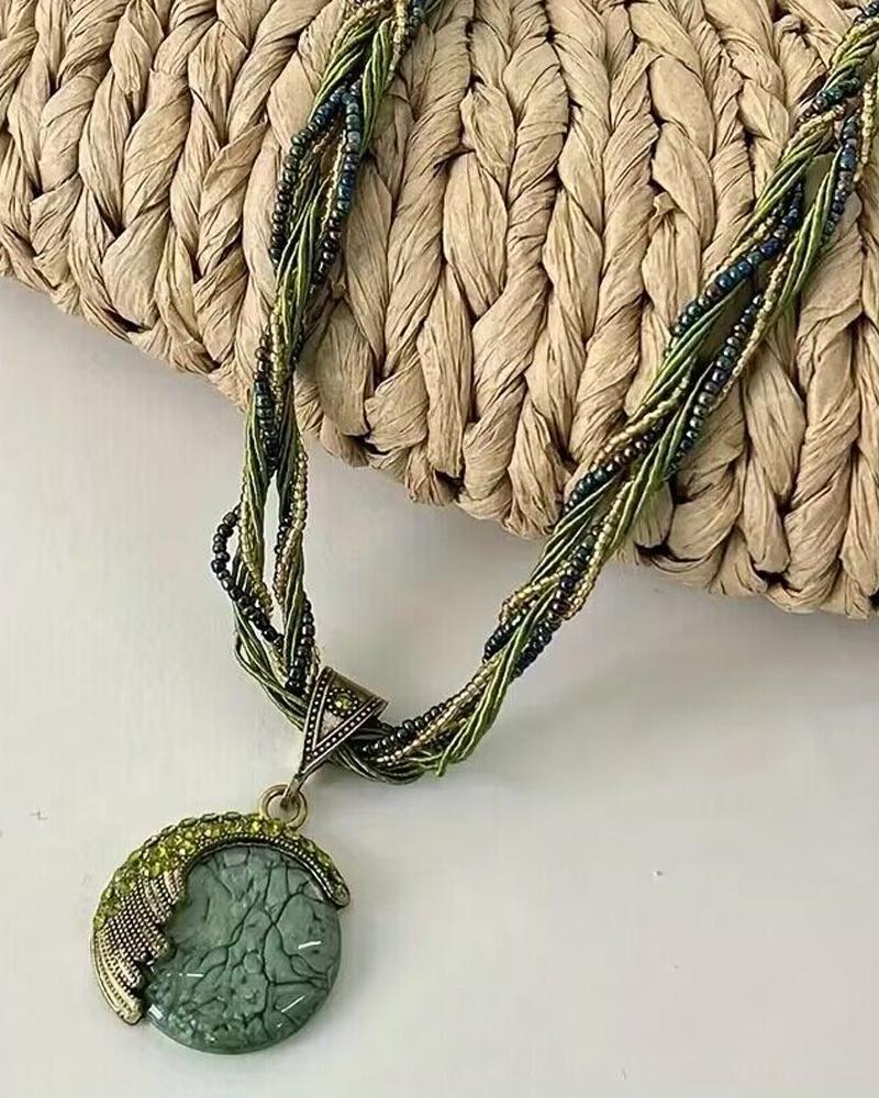 

1pc Bohemian Braided Turquoise Pendant Necklace, Green