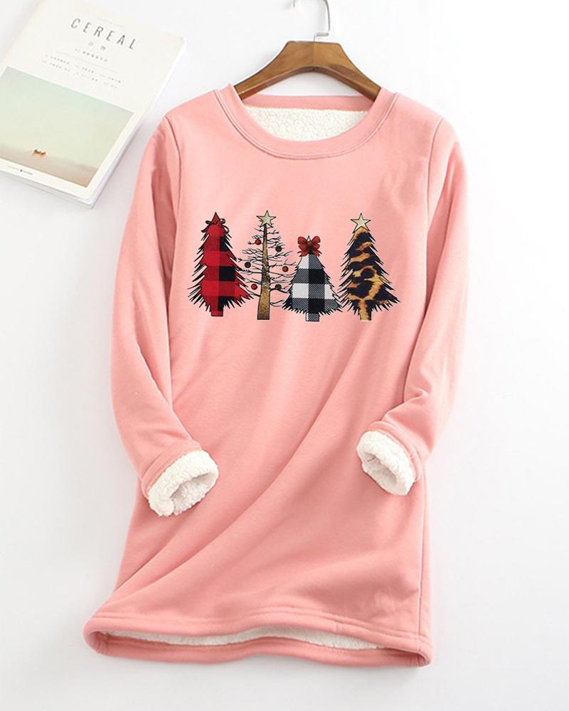 

Christmas Tree Print Thermal Warm Fleece Lined Sweatshirt, Pink