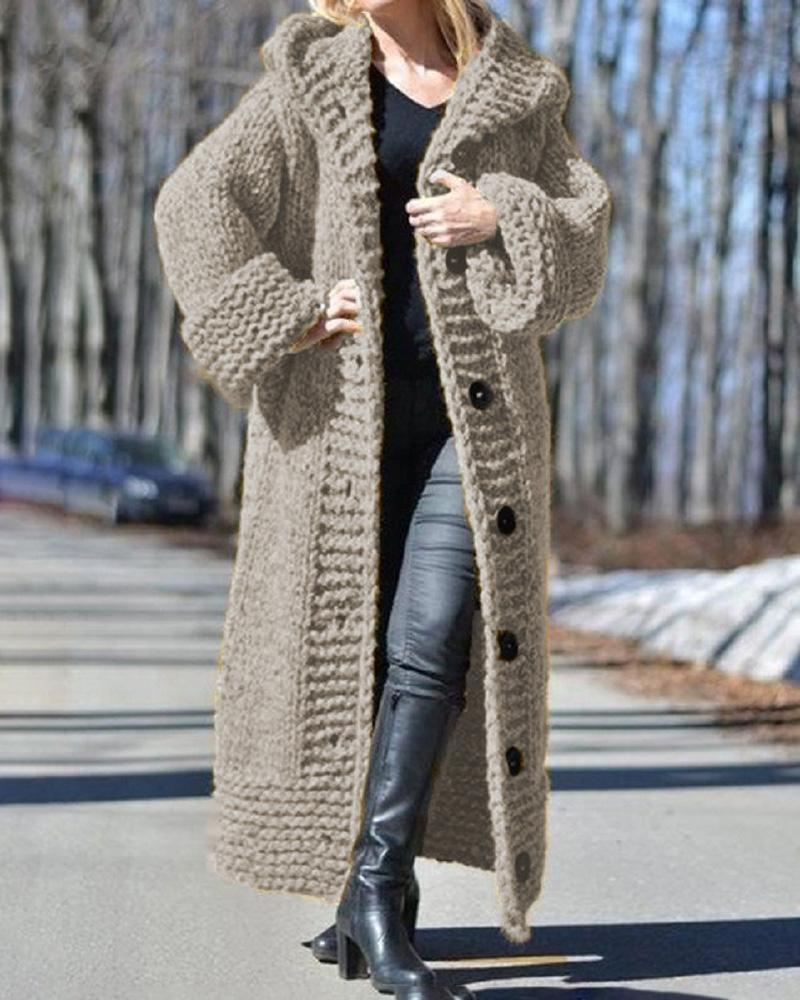 

Long Sleeve Button Design Hooded Knit Cardigan, Gray