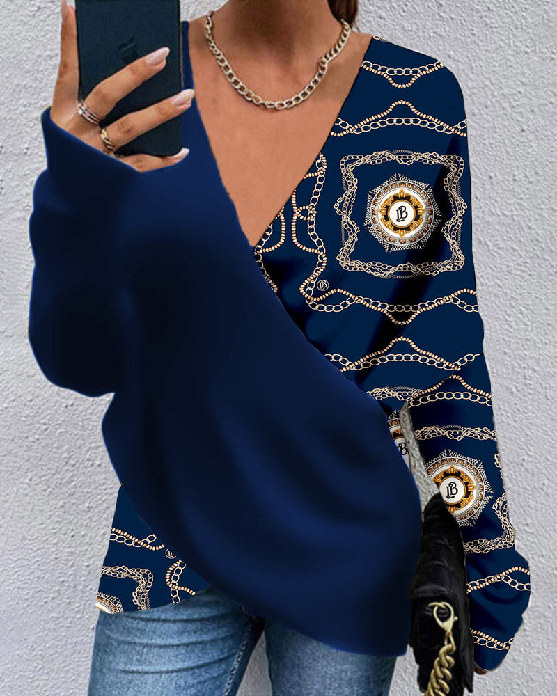 

Baroque Chain Print Long Sleeve Wrap Top, Blue