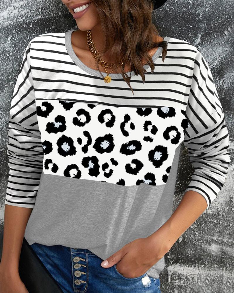 

Contrast Leopard Striped Long Sleeve Top, Gray