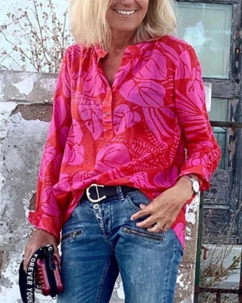 

Leaves Print Long Sleeve Shirt, Hot pink