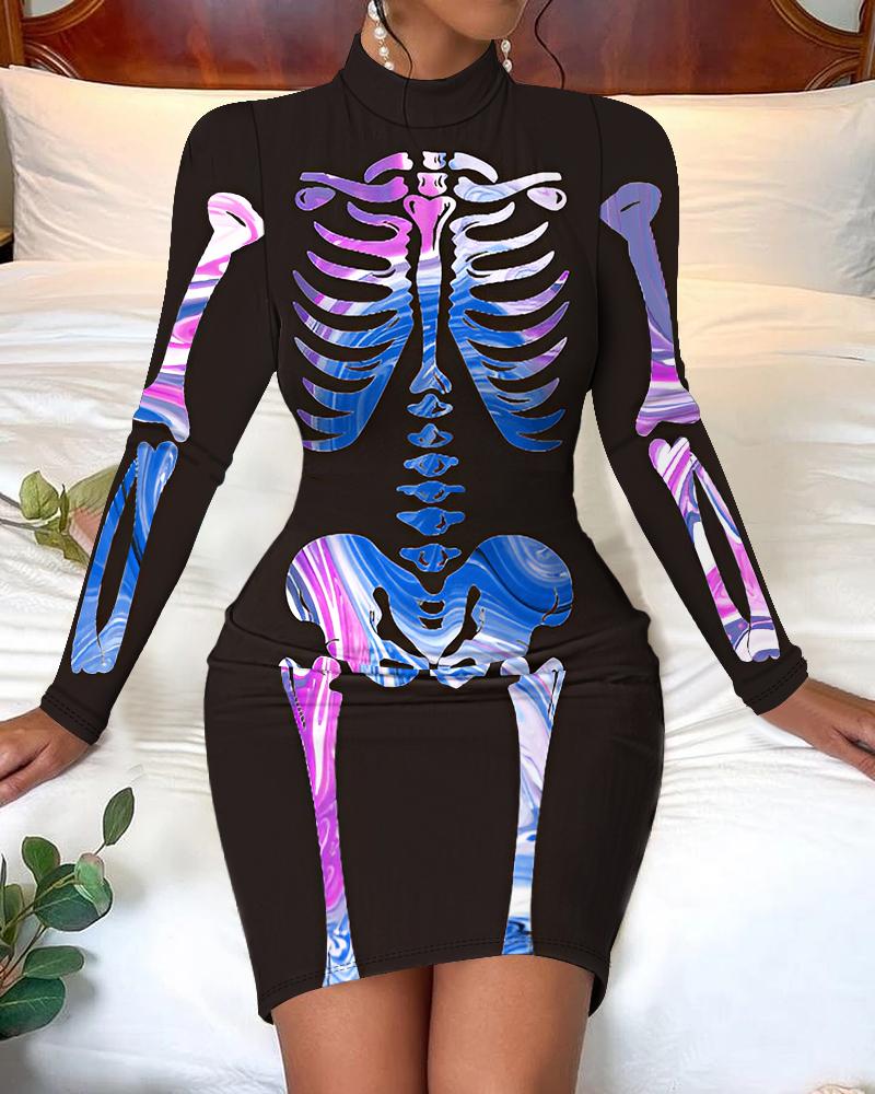 

Halloween Abstract Skeleton Print Mock Neck Bodycon Dress, Black