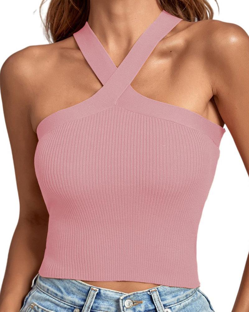 

Cross Halter Sleeveless Tank Top, Pink