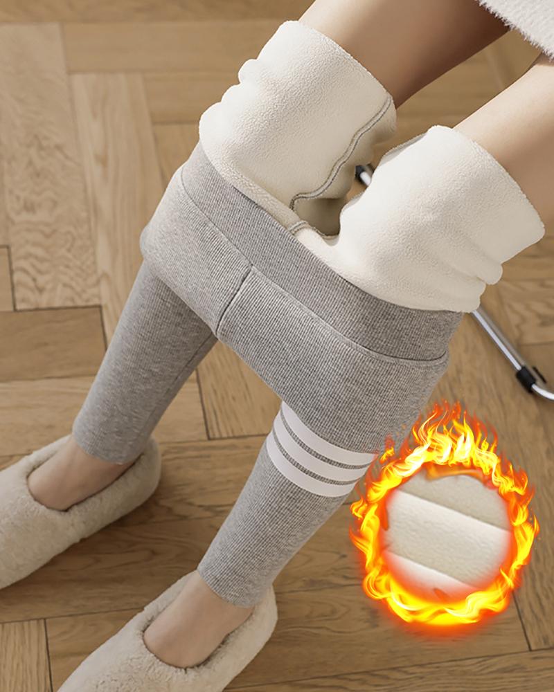

High Waist Striped Print Fleece Lined Thermal Warm Leggings, Gray