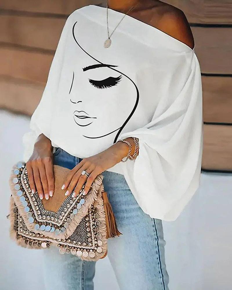

Abstract Figure Print Lantern Sleeve Top, White