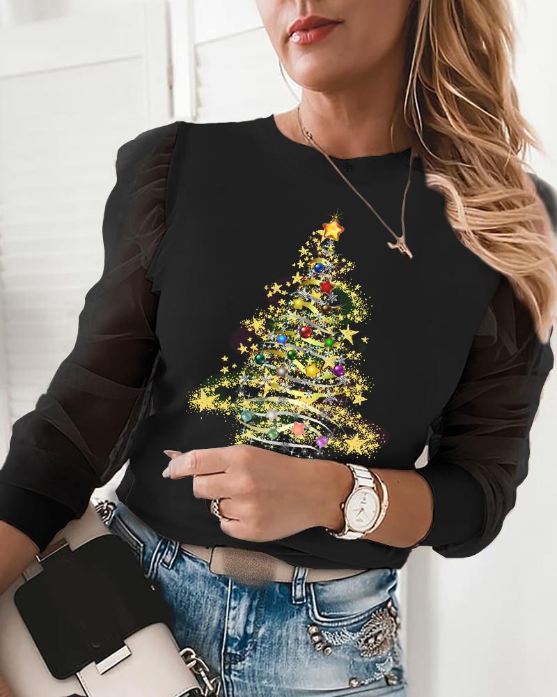 Christmas Tree Print Sheer Mesh Ruched Top