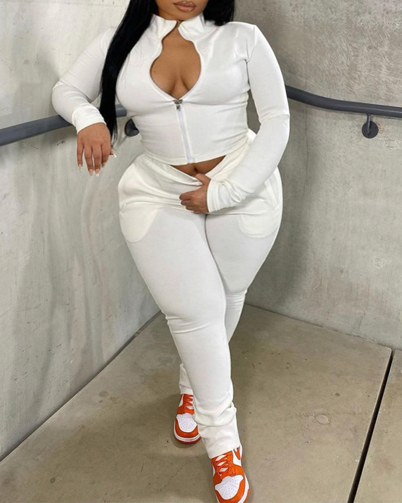 

Plus Size Long Sleeve Zip Up Top & Pants Set, White