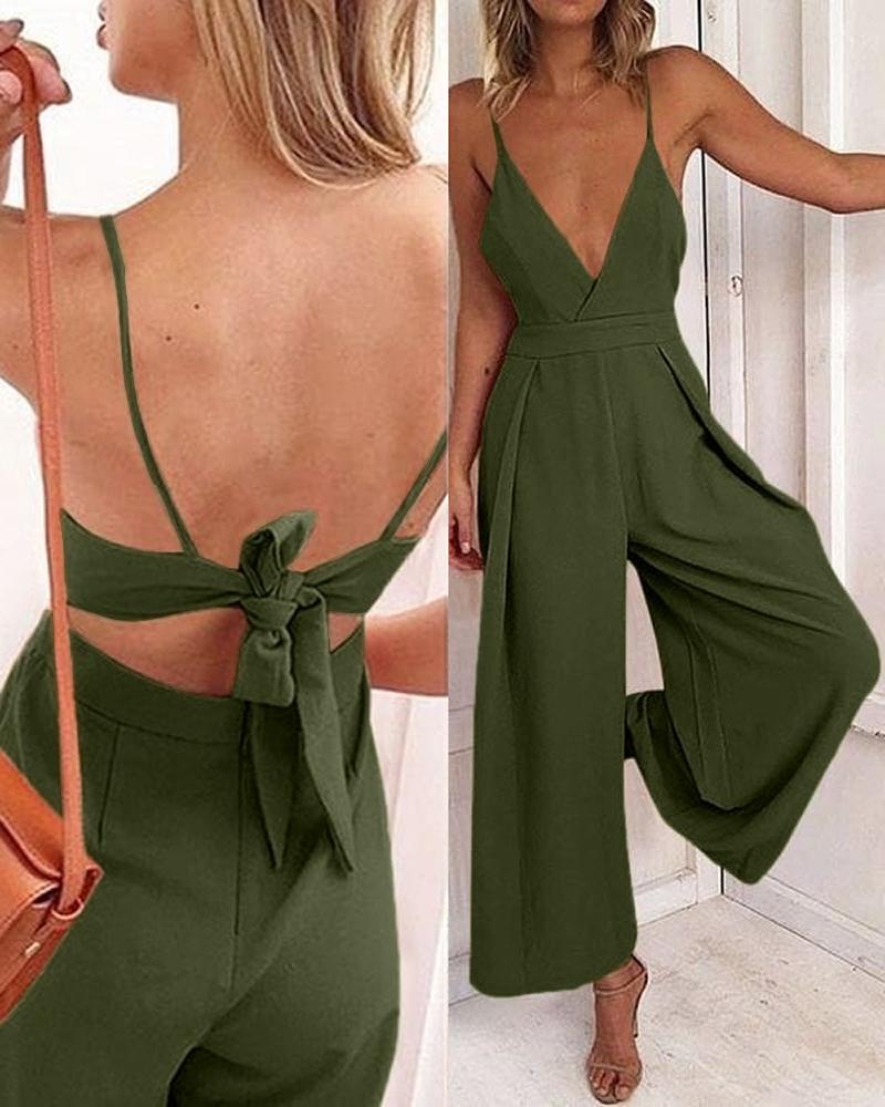 

V-Neck Tied Detail Cutout Wide Leg Jumpsuit, Army green