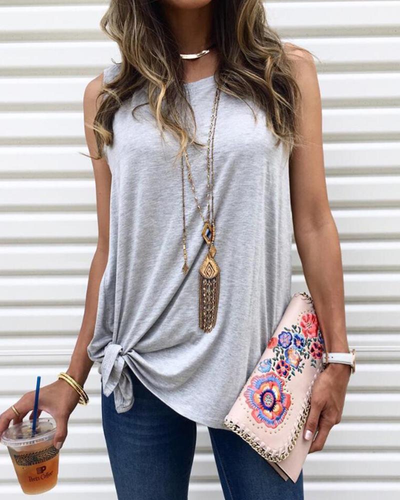 

Solid Sleeveless Round Neck T-shirt, Gray