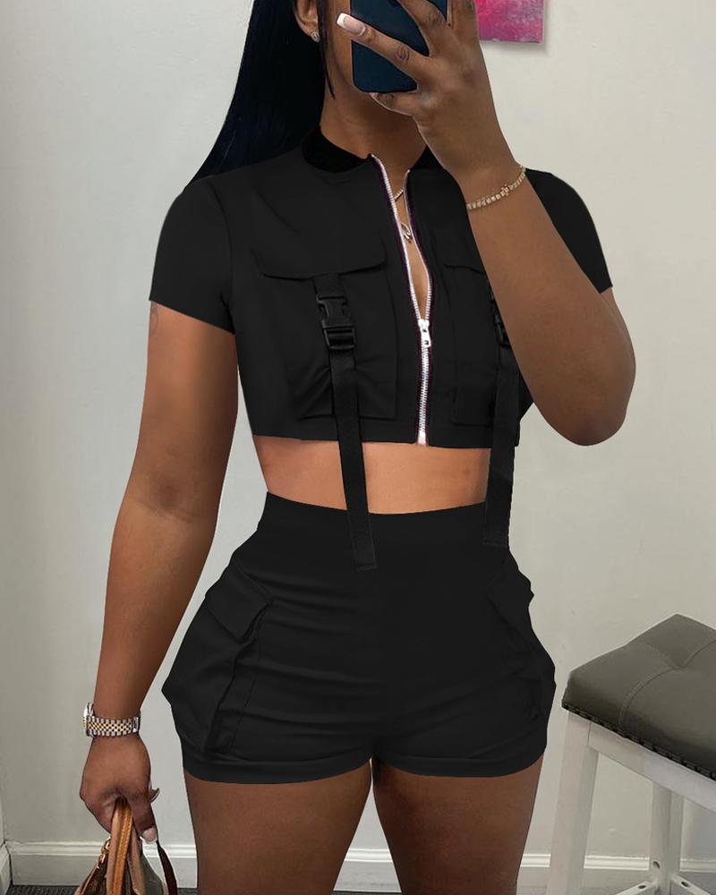 

Buckled Pocket Design Baseball Collar Top & Shorts Set, Black