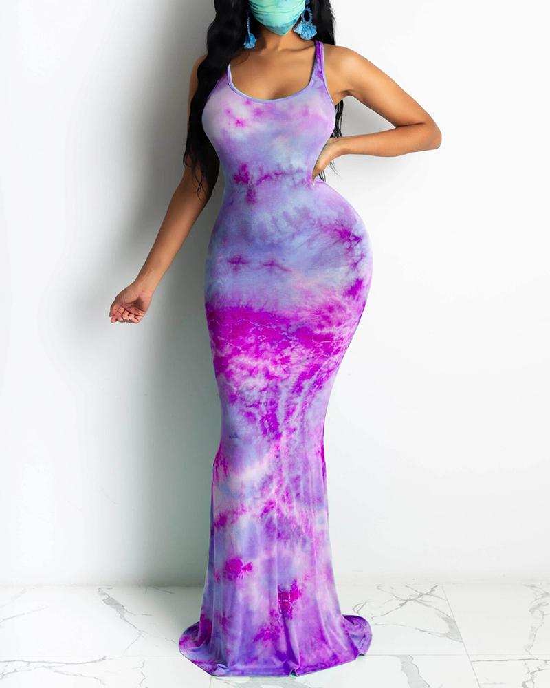 

Tie Dye Print Sleeveless Mermaid Maxi Dress, Purple