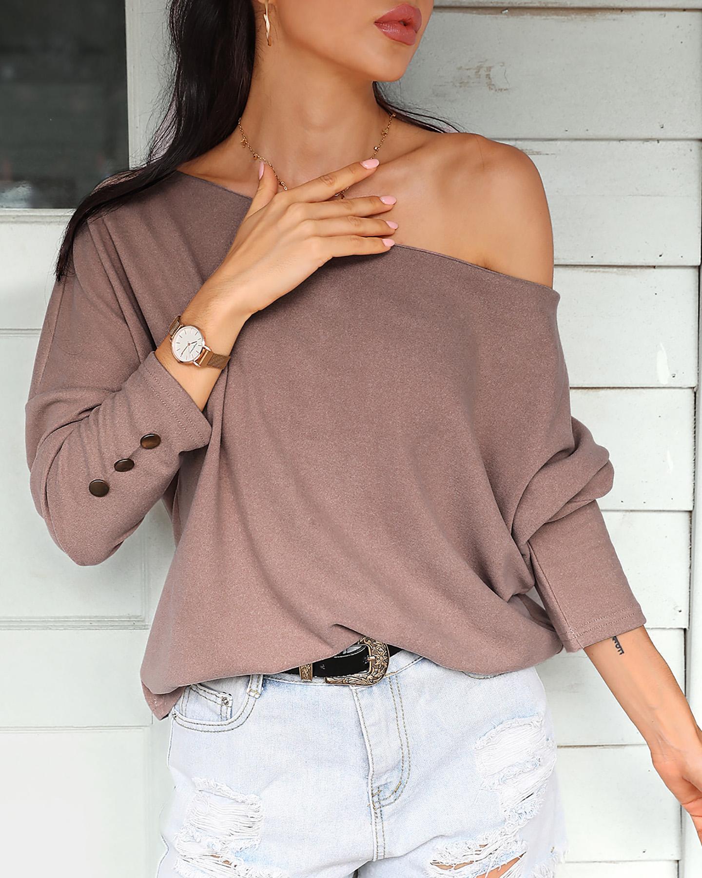 

Batwing Long Sleeve Buttoned Top, Coffee