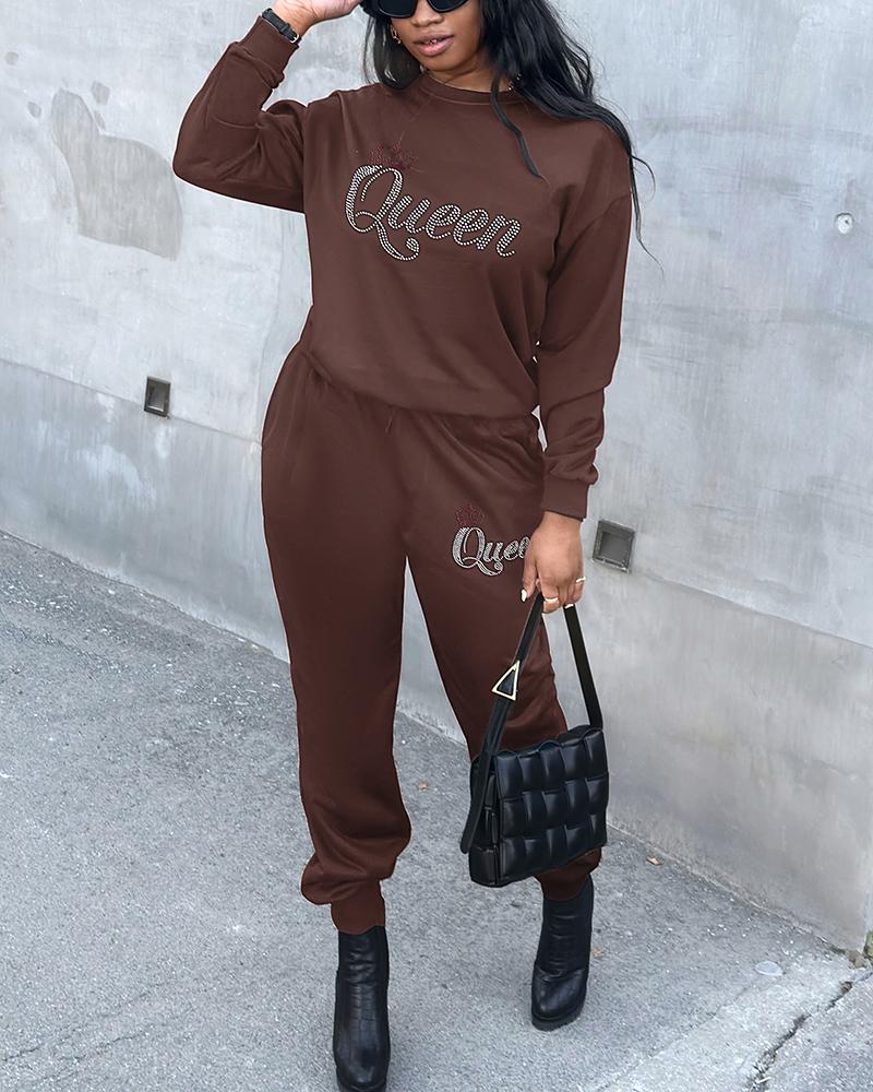 

Rhinestone Letter Pattern Sweatshirt & Pocket Design Pants Set, Brown