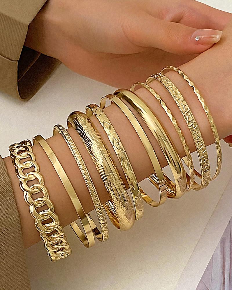 

10pcs Geometric Pattern Vintage Bracelets Set, Gold