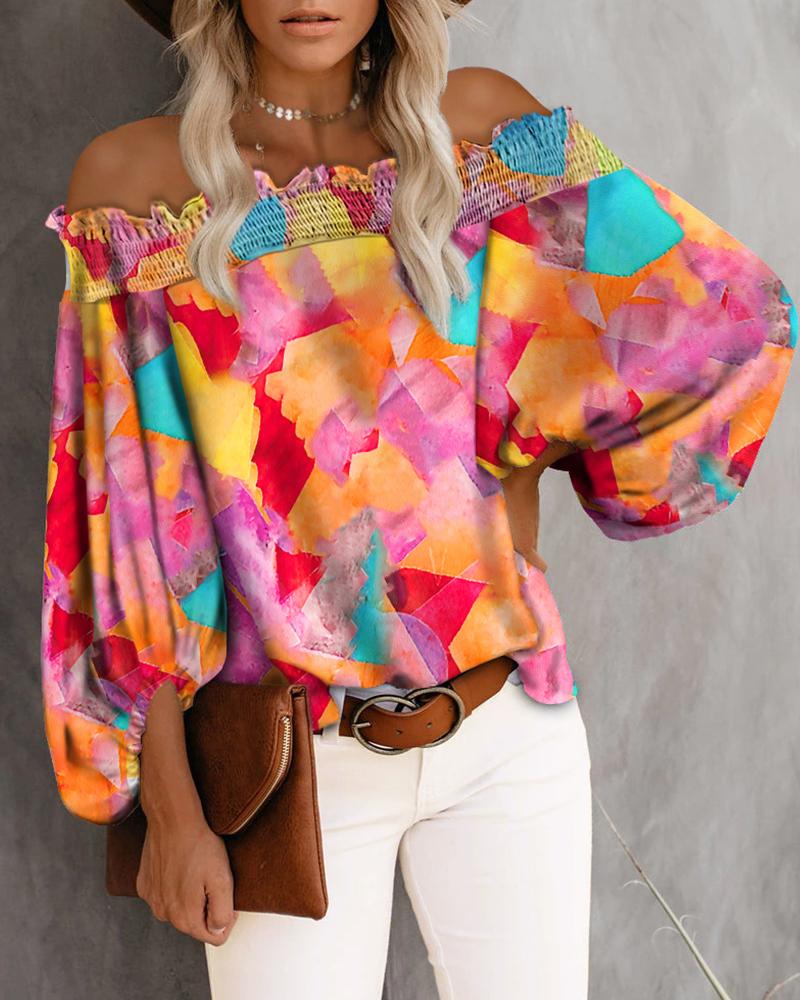 

Tie Dye Frill Trim Off Shoulder Lantern Sleeve Blouse, Multicolor