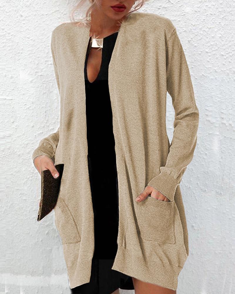 

Open Front Long Sleeve Pocket Design Coat, Khaki