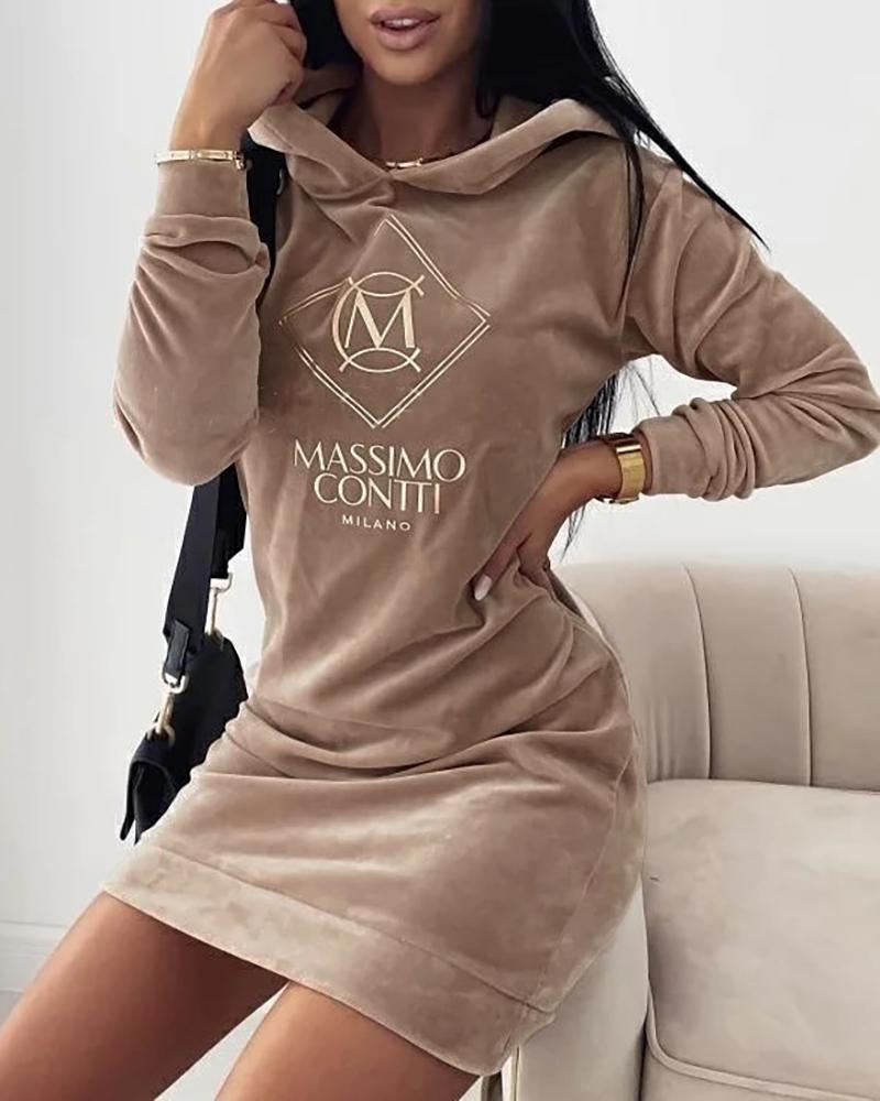 

Letter Embroidery Velvet Hooded Sweatshirt Dress, Coffee