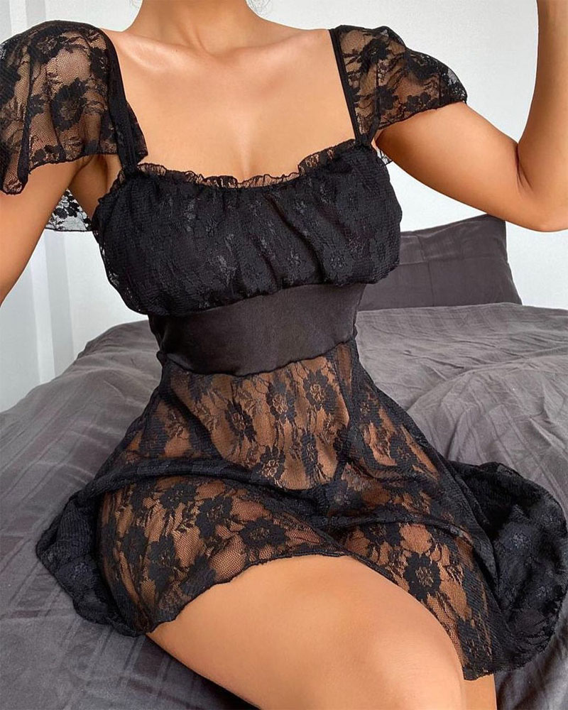 

Floral Lace Square Neck Babydoll, Black