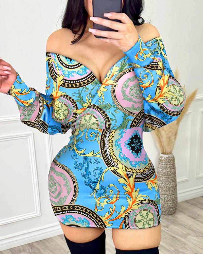 

Baroque Print Batwing Sleeve Bodycon Dress, Blue