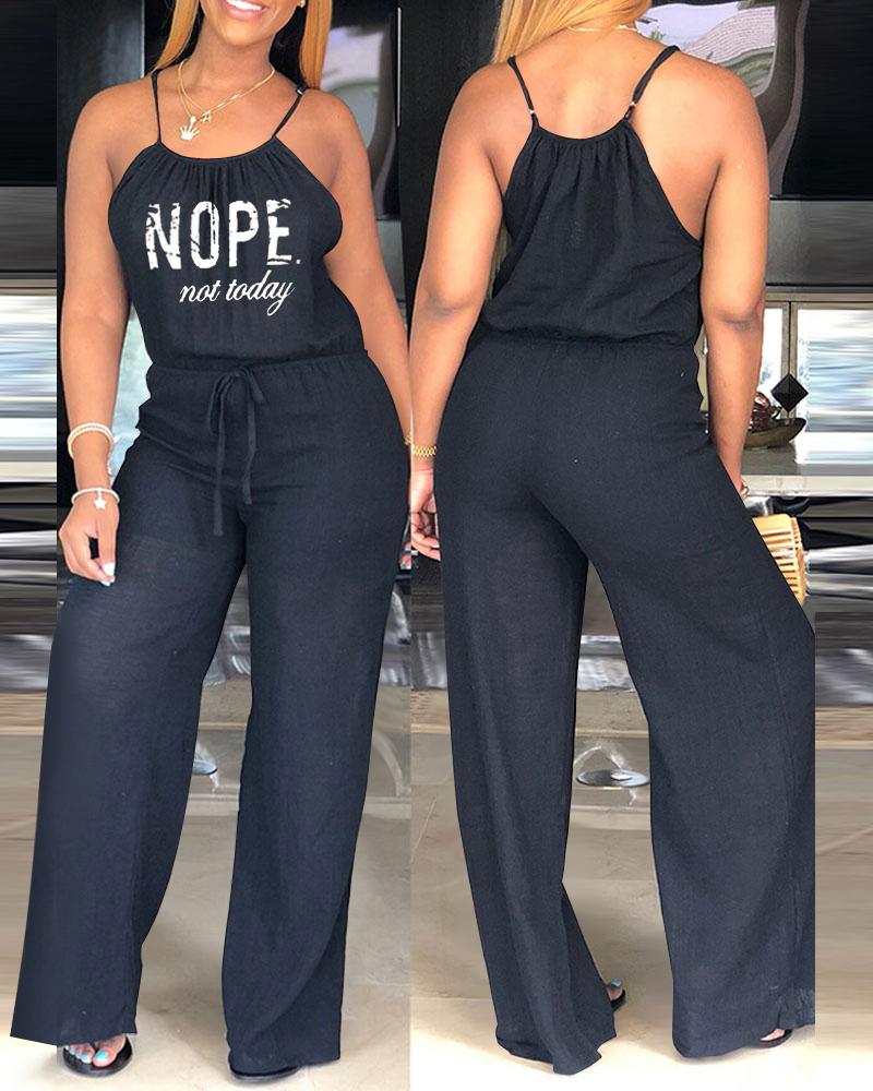 

Nope Not Today Print Spaghetti Strap Drawstring Jumpsuit, Black