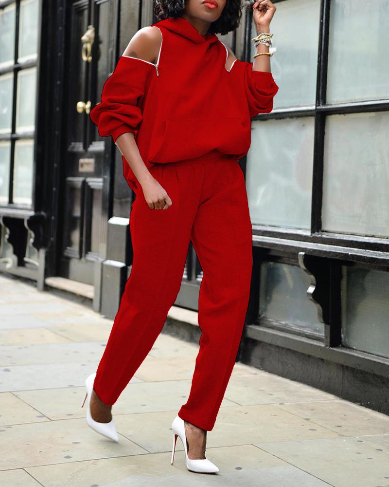 

Zipper Detail Cold Shoulder Hoodie & Pants Set, Red