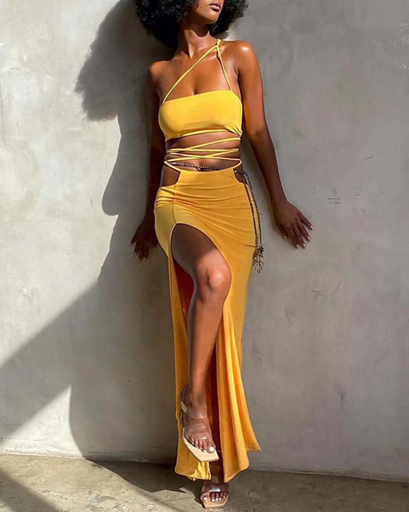 

One Shoulder Crop Top & Cutout High Slit Maxi Skirt Set, Yellow