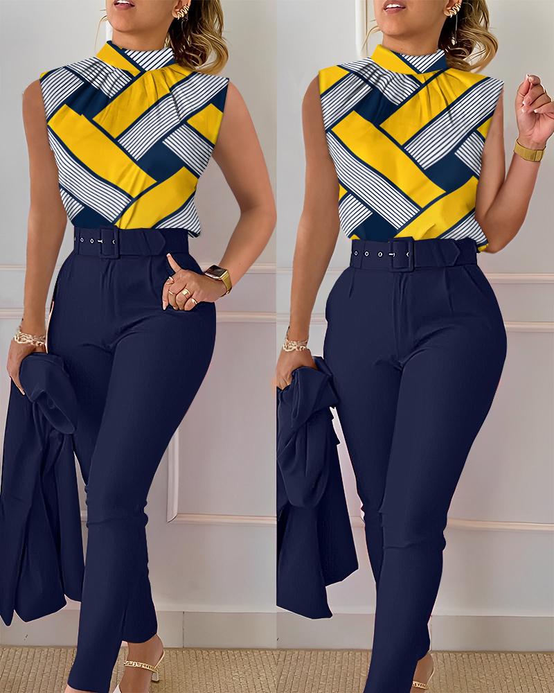 

Geometric Print Ruched Top & High Waist Pants Set, Blue