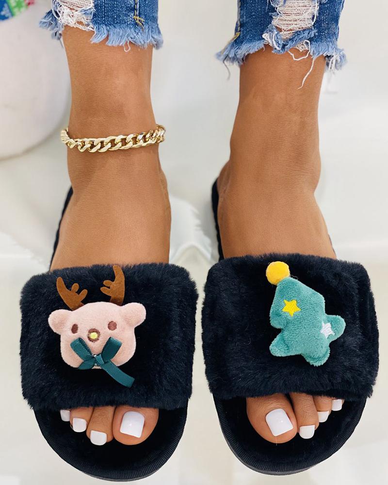 

Christmas Cartoon Deer Tree Pattern Slippers, Black