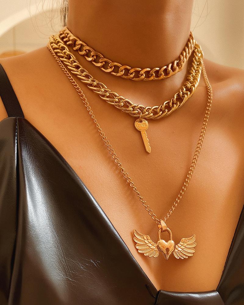 

3PCS Key Heart Lock Pendant Layered Necklace, Gold